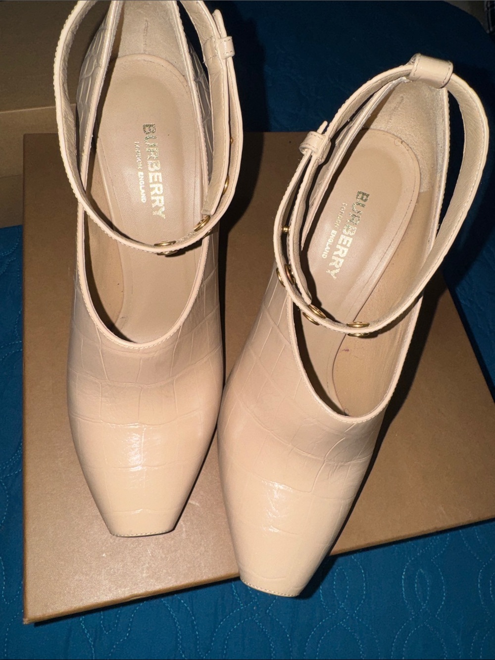 Burberry Cream Croc-Embossed Ankle-Strap Pumps